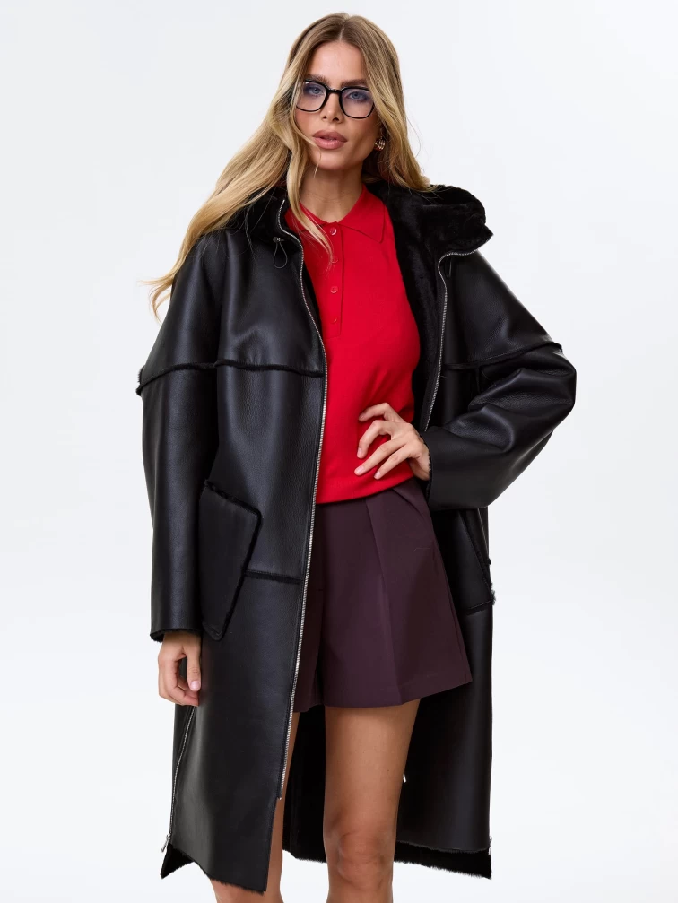 Стильная женская дубленка оверсайз с капюшоном премиум класса 2052, черная, размер 46, артикул 64470-0