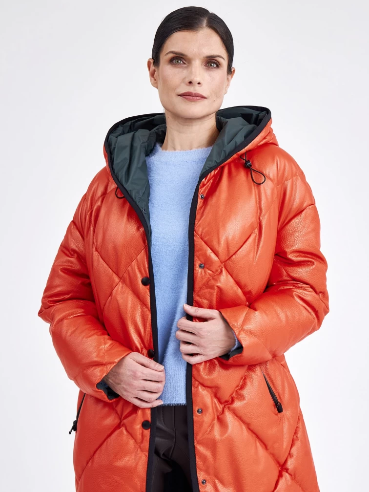 Кожаное женское стеганое пальто с капюшоном премиум класса 3026, оранжевое, размер 48, артикул 25410-0