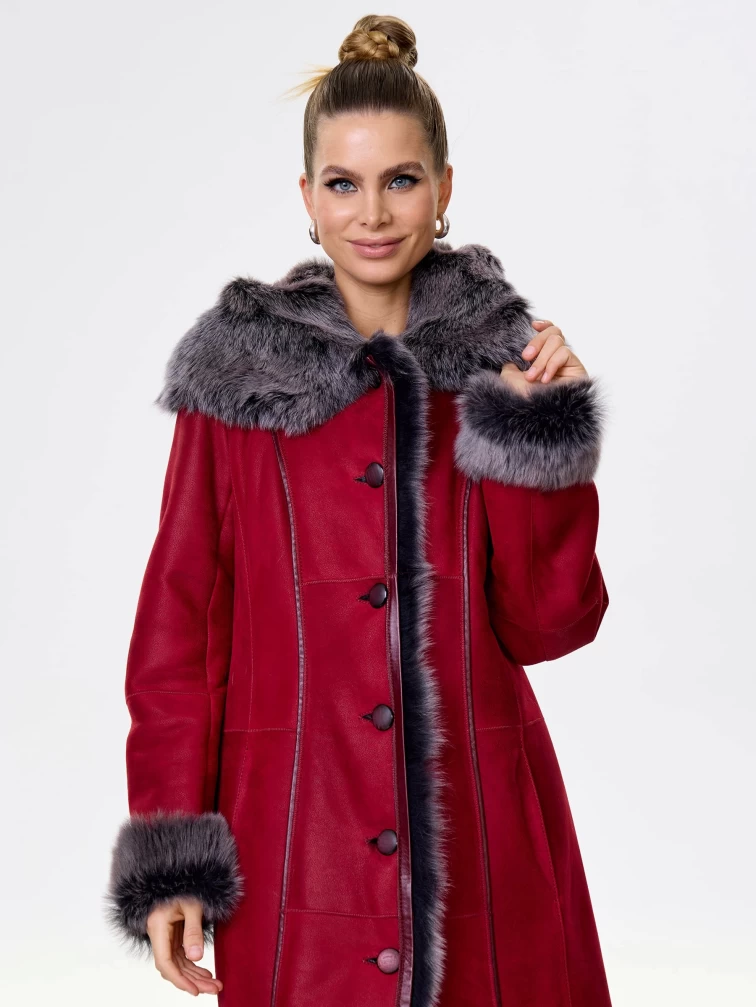 Длинная женская дубленка из тосканы с капюшоном 123нк, красная, размер 50, артикул 61903-4