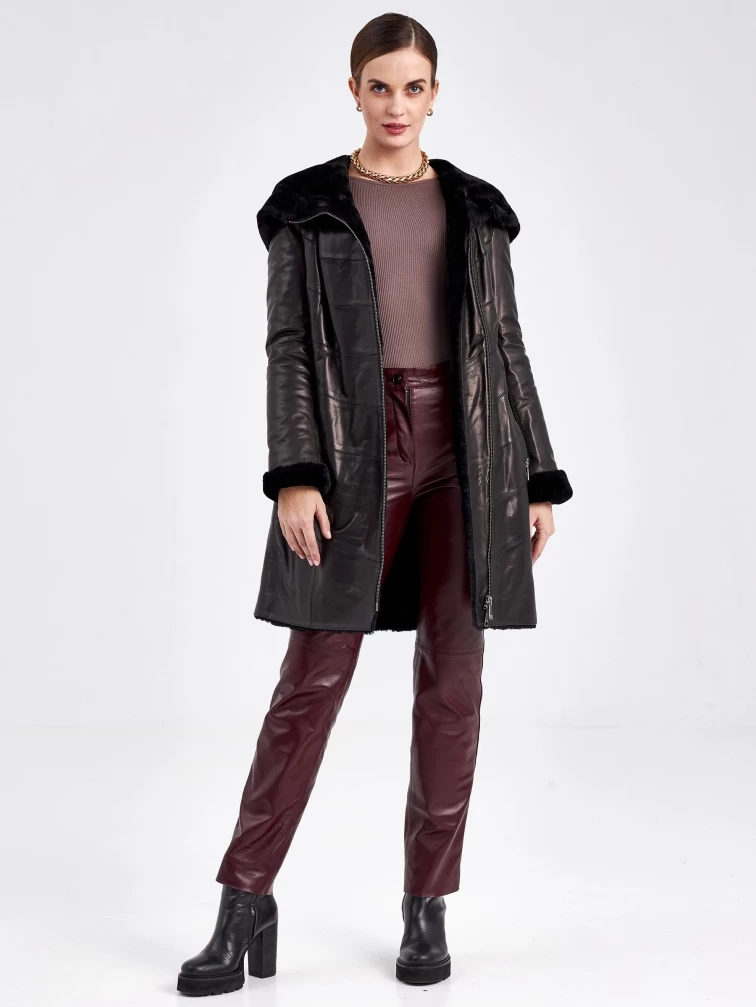 Кожаный плащ зимний женский 391мех, с капюшоном, черный, размер 46, артикул 92040-5