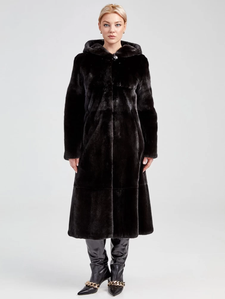 Длинная женская шуба из меха норки с капюшоном 17231(к), черная, размер 48, артикул 32980-3