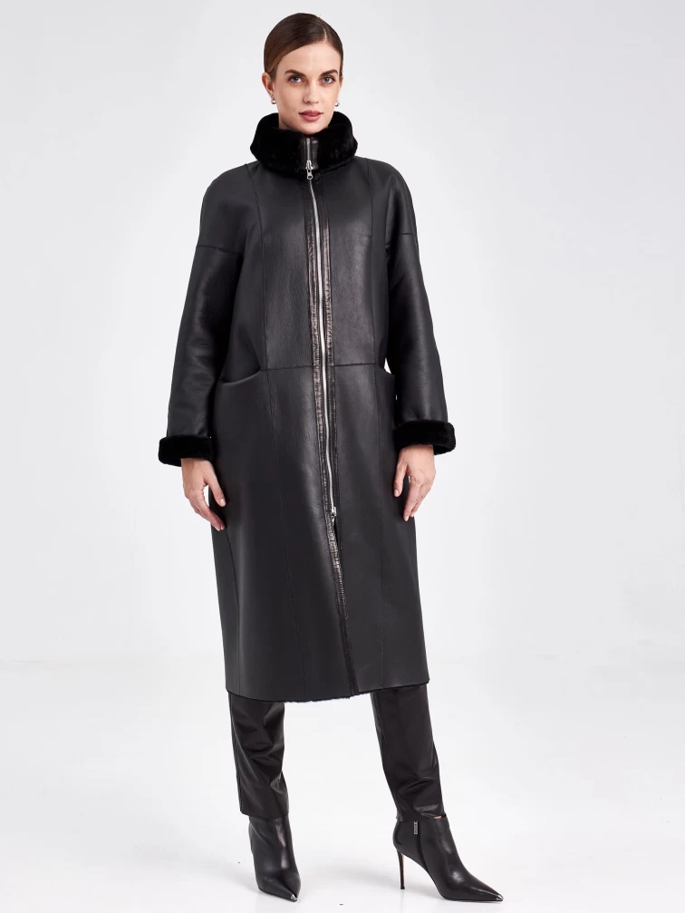 Женское двустороннее пальто из астрагана с поясом премиум класса 2015, черное, размер 48, артикул 63790-1