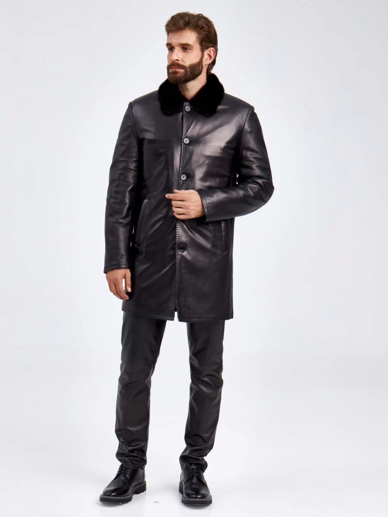 Кожаная дубленка с воротником из меха норки для мужчин 5365, черная, размер 46, артикул 70920-5