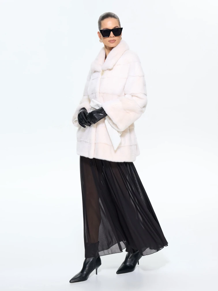 Поперечная женская норковая шуба BRASCHI LE88, белая, размер 42, артикул 34340-1