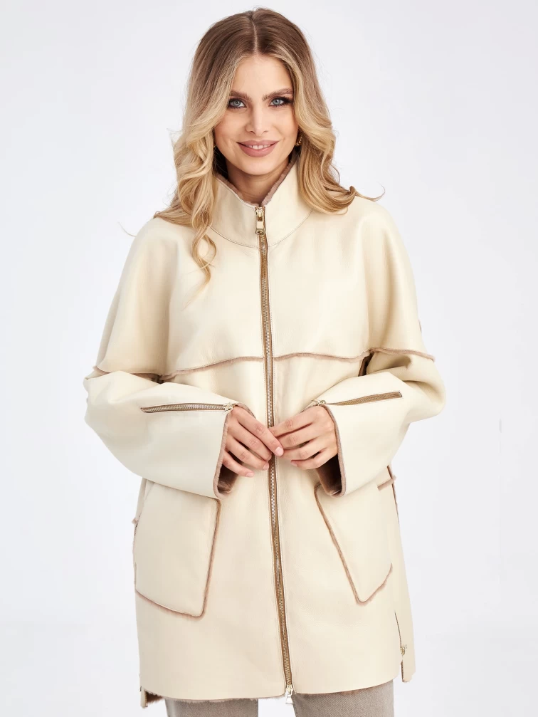 Женская куртка оверсайз из меховой овчины на молнии премиум класса 2036, бежевая, размер 48, артикул 63570-1