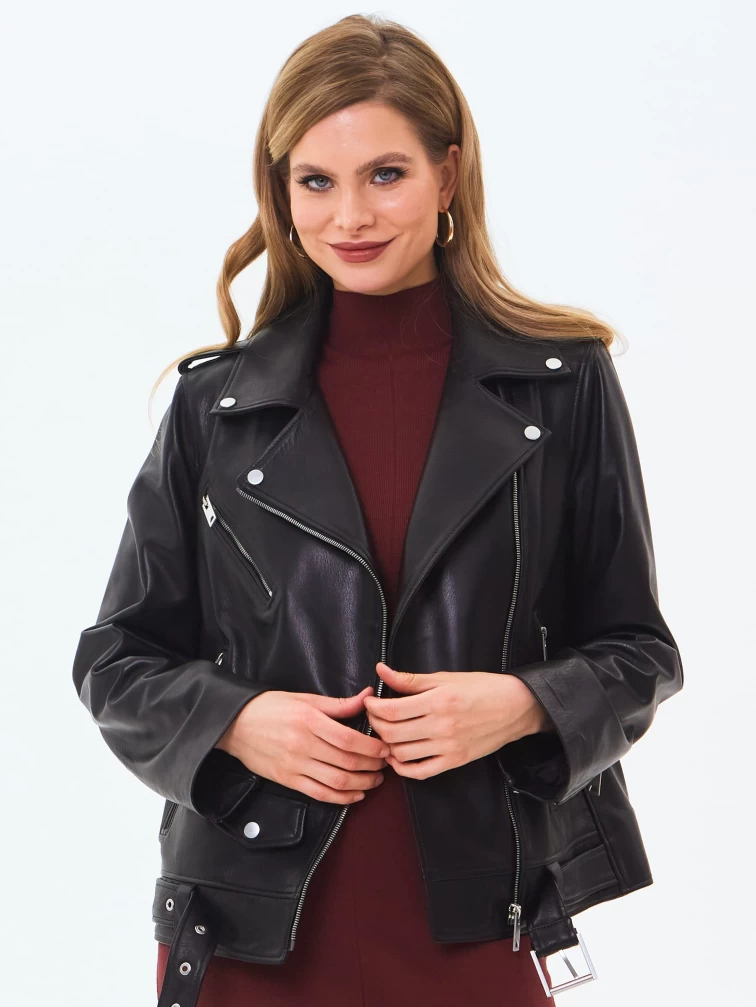 Кожаная женская куртка косуха с поясом премиум класса 3078, черная, размер 44, артикул 24510-4