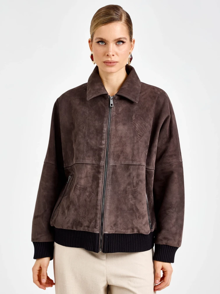 Женская замшевая куртка бомбер премиум класса 3106з, серая, размер 46, артикул 92430-0