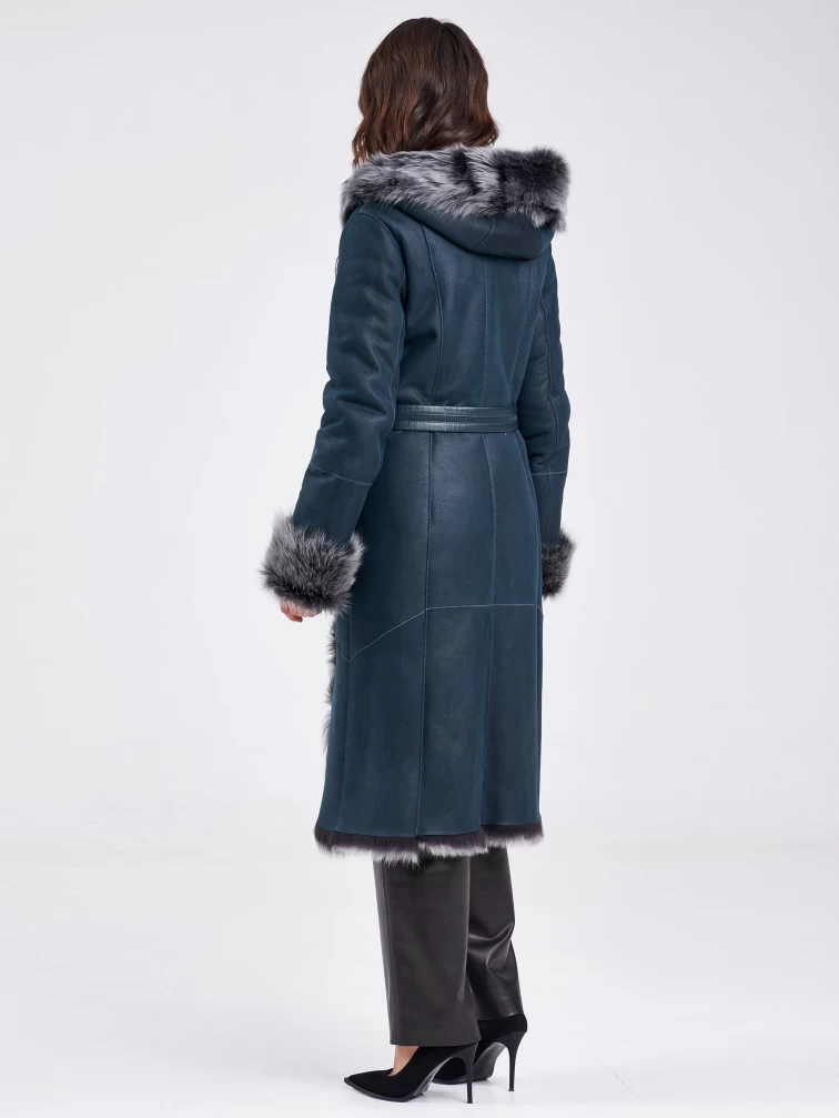 Двубортная женская дубленка из тосканы с капюшоном премиум класса 134, синяя, размер 44, артикул 62850-5