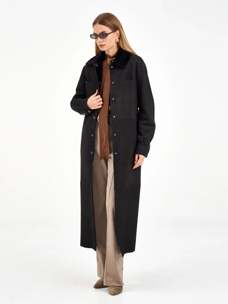 Длинная замшевая женская дубленка 2086, черная, размер 44, артикул 64980-7