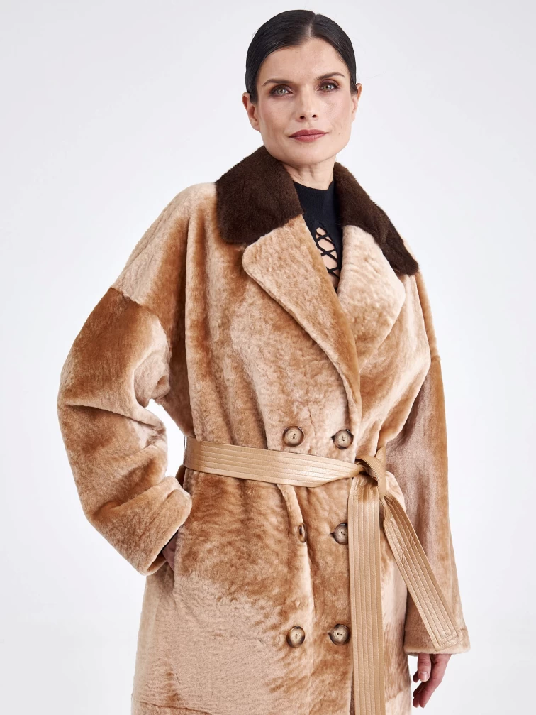 Двубортная двусторонняя женская дубленка из астрагана с мехом норки премиум класса 2017, бежевая, размер 46, артикул 62761-6