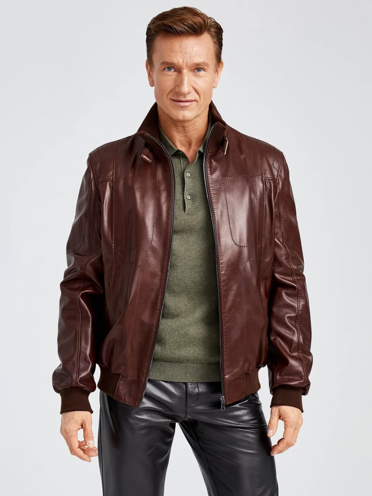 Кожаная куртка бомбер мужская премиум класса 521, коньячная, размер 48, артикул 28630-3