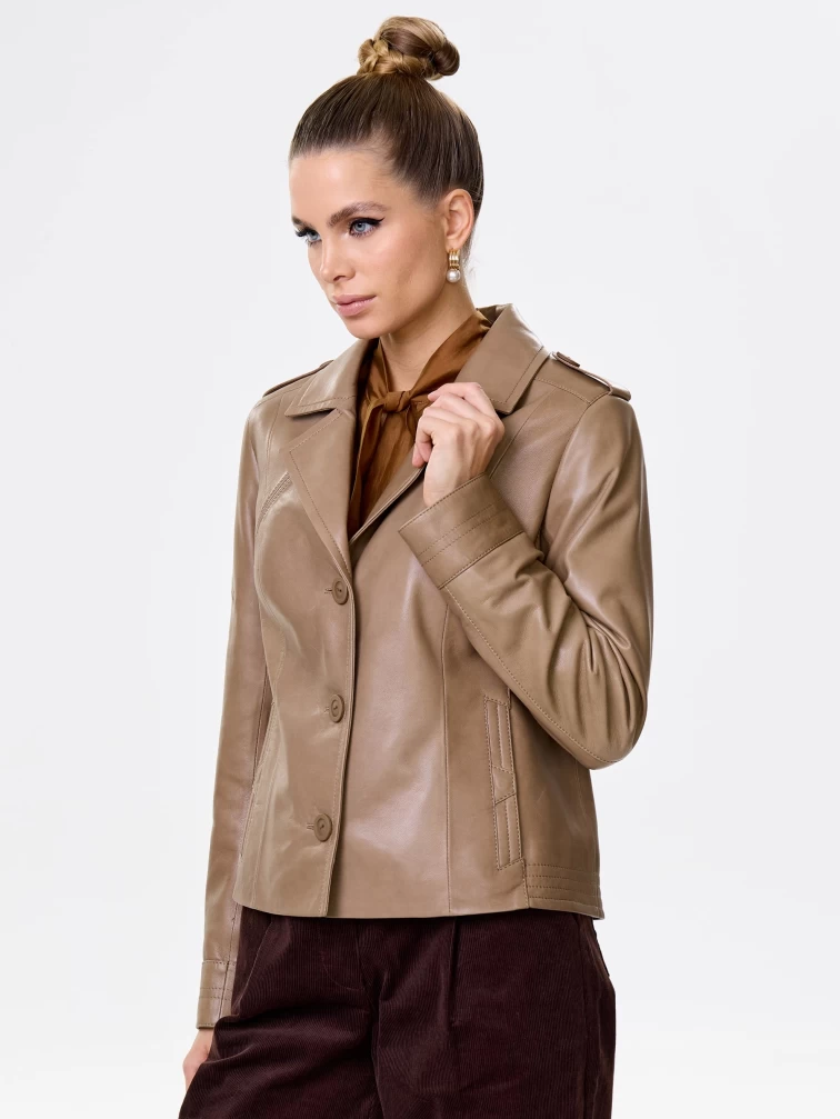 Короткая женская кожаная куртка пиджак 304, серо-коричневая, размер 46, артикул 90701-2