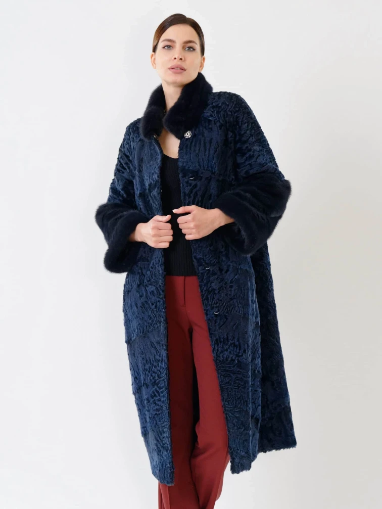 Женская шуба из меха каракуля с мехом норки 17101д(сн), синяя, размер 44, артикул 22580-5