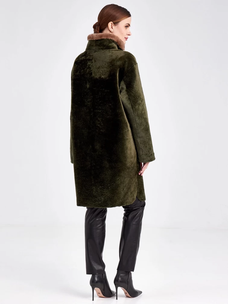 Женская двусторонняя дубленка из астрагана с мехом норки премиум класса 2018, хаки, размер 44, артикул 62771-2