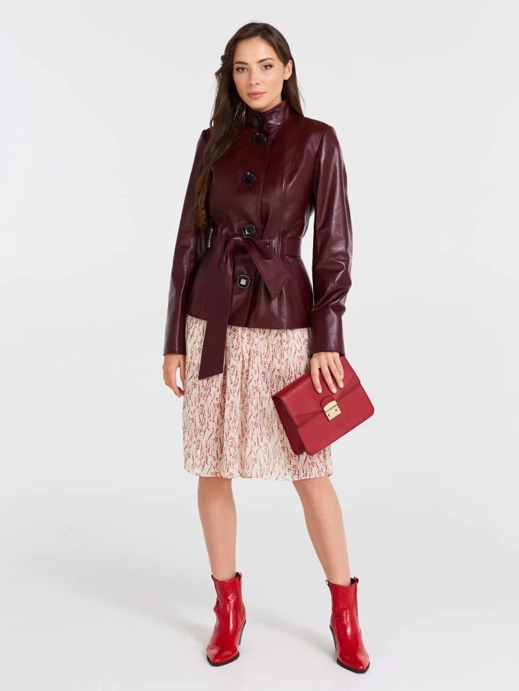 Кожаная женская куртка с поясом 334, бордовая, размер 56, артикул 90521-3