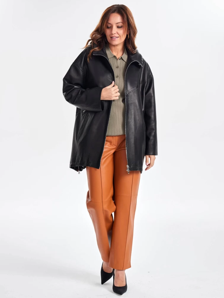 Кожаный женский плащ оверсайз на молнии с капюшоном премиум класса 3054, черный, размер 48, артикул 23490-0