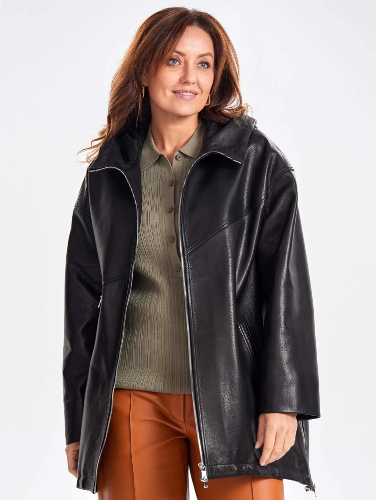 Кожаный женский плащ оверсайз на молнии с капюшоном премиум класса 3054, черный, размер 48, артикул 23490-6