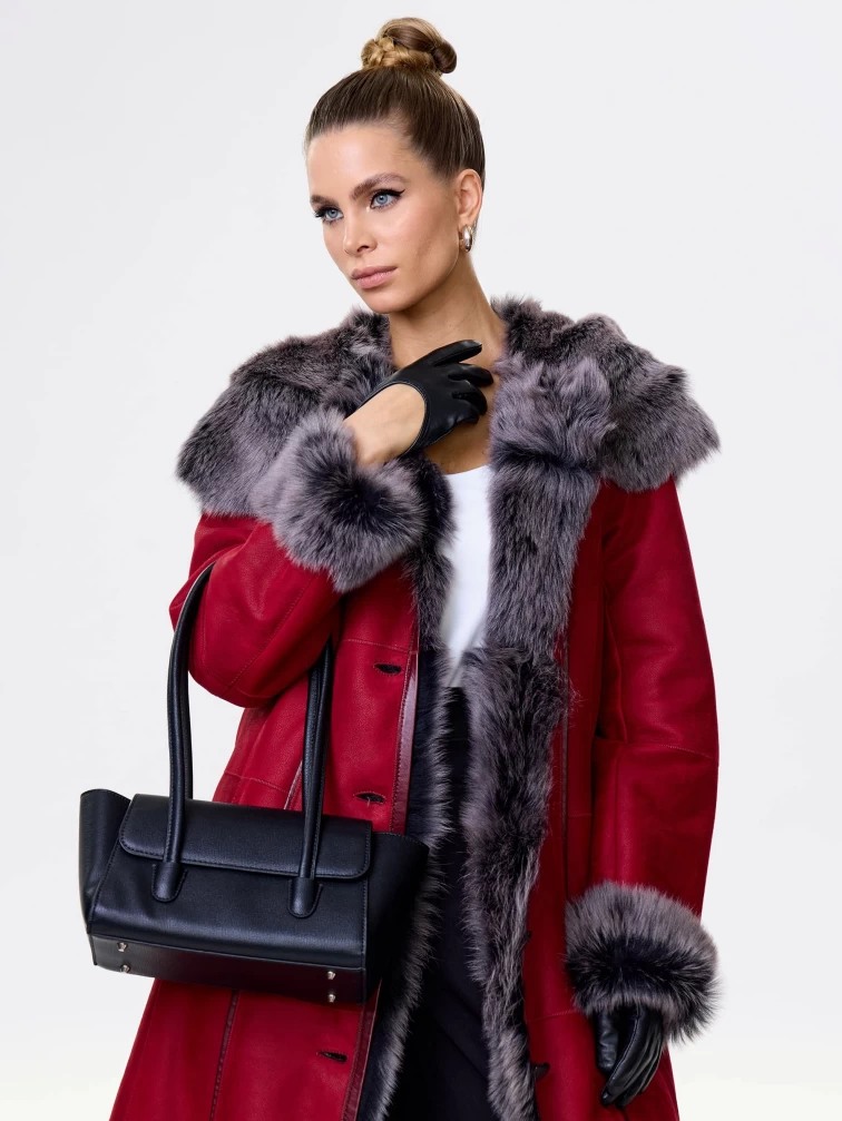 Длинная женская дубленка из тосканы с капюшоном 123нк, красная, размер 50, артикул 61903-0