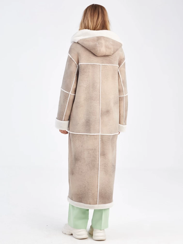 Женская длинная дубленка оверсайз с капюшоном премиум класса 2021, бежевая, размер 46, артикул 62980-6