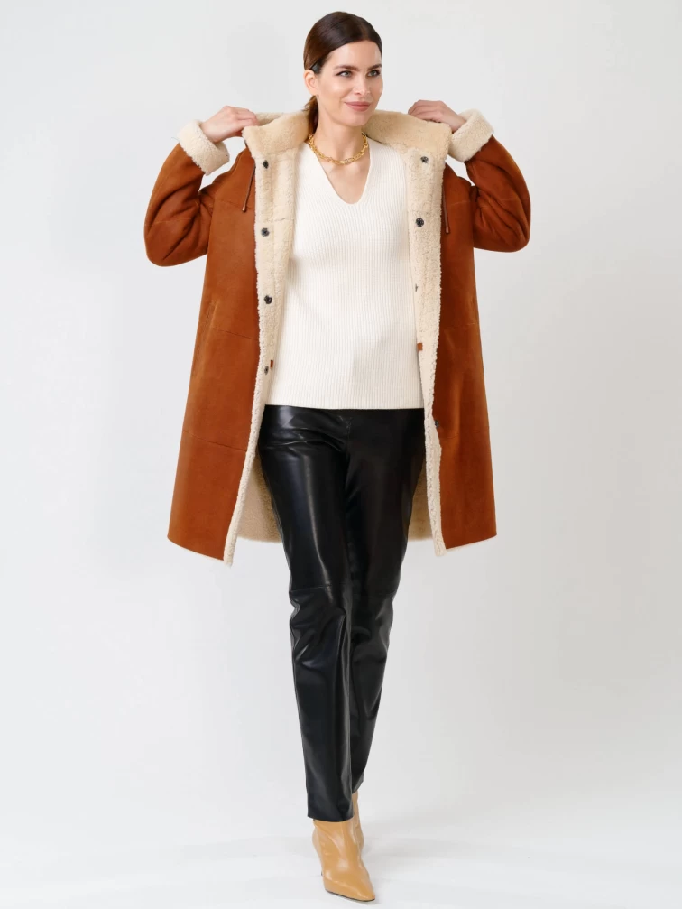 Женская дубленка из керли с капюшоном 202, табачно-рыжая, размер 46, артикул 61730-3