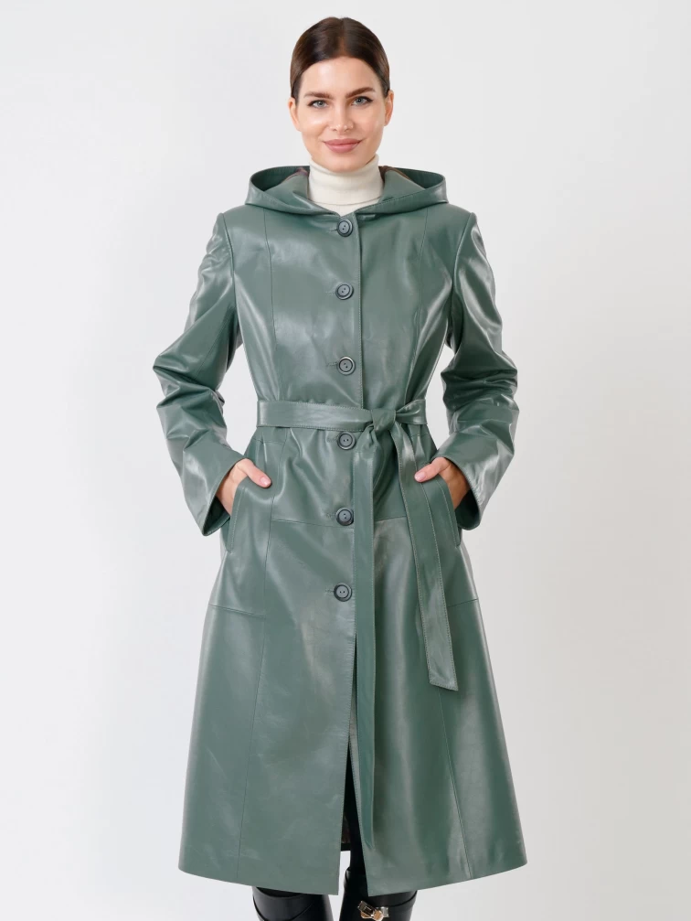 Кожаный женский утепленный плащ с капюшоном 380нш, размер 52, оливковый, артикул 91391-0