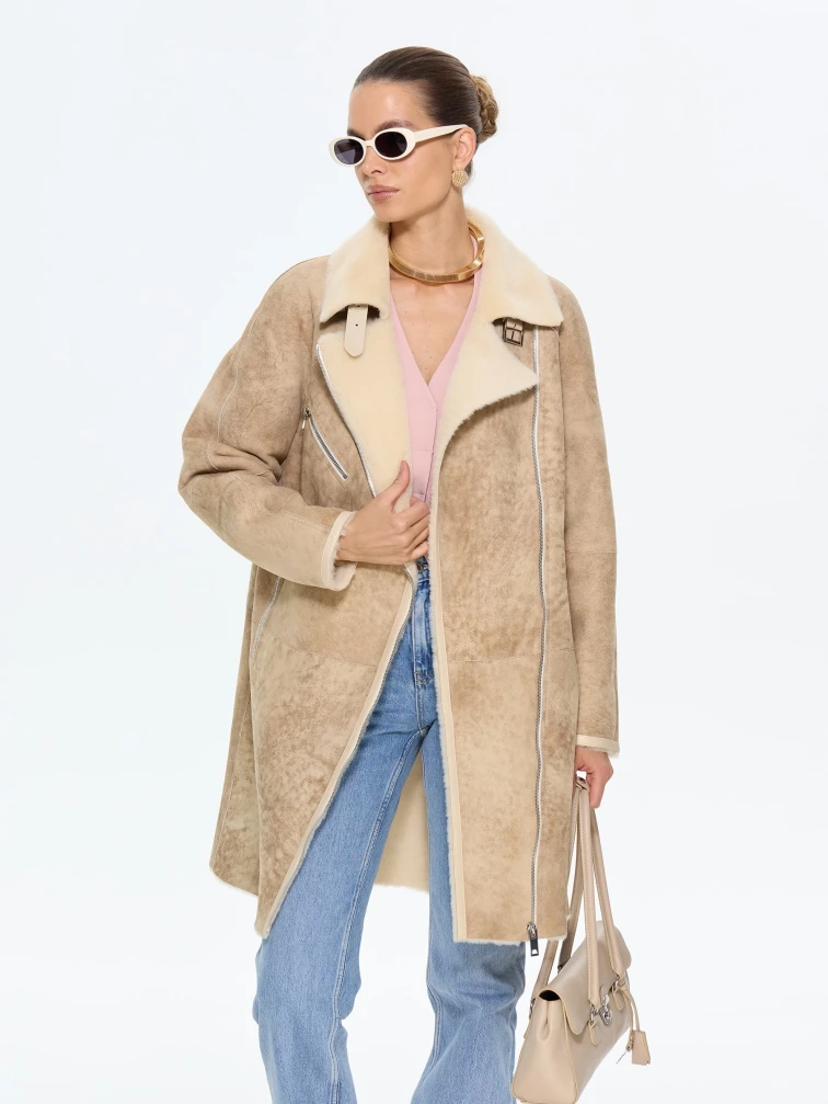 Бежевая женская дубленка косуха 2069, размер 46, артикул 65200-3