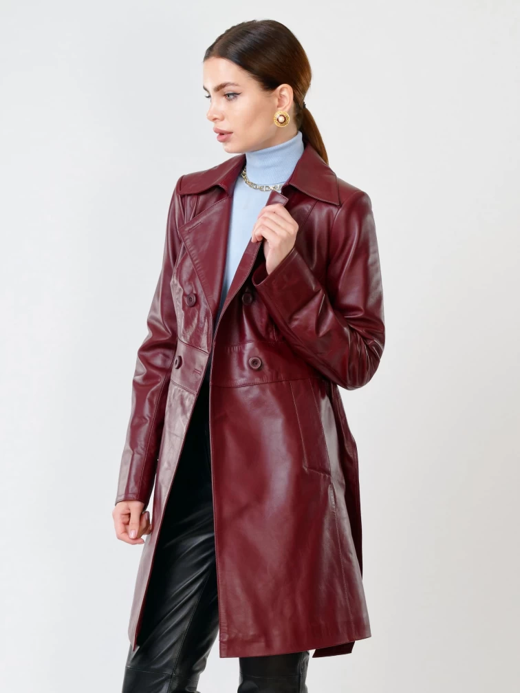 Кожаный двубортный женский плащ с поясом 338, бордовый, размер 42, артикул 15671-2
