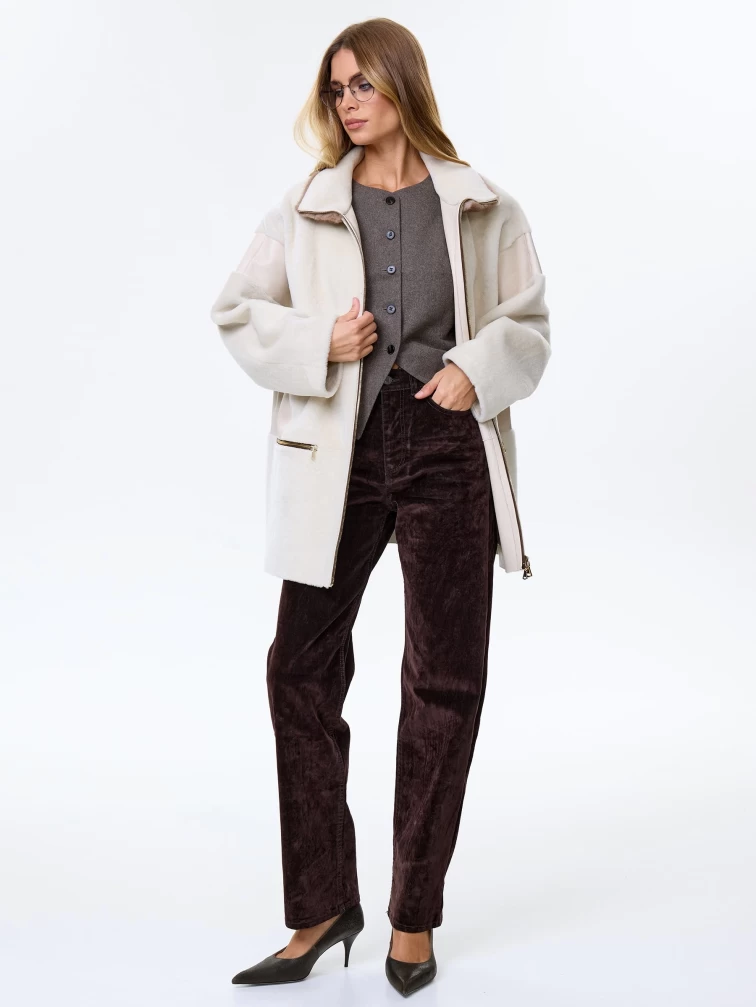 Женское полупальто с норковым воротником из натуральной овчины премиум класса 2057, белое, размер 44, артикул 64510-1