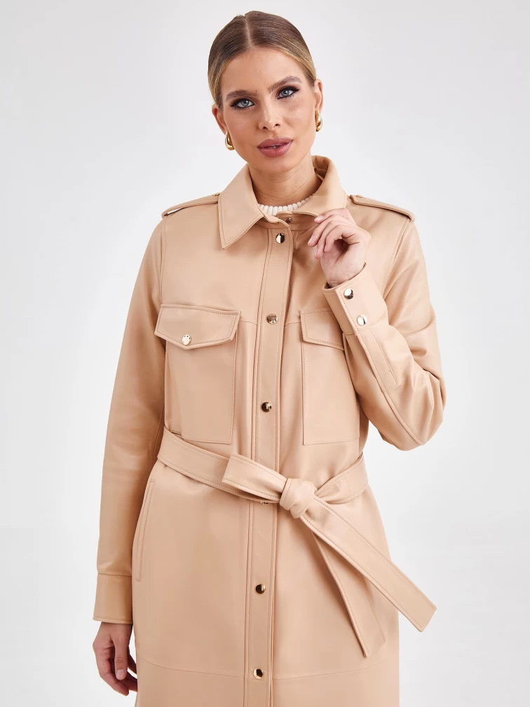 Платье рубашка кожаная женская из натуральной кожи премиум класса 03, бежевая, размер 44, артикул 23181-3