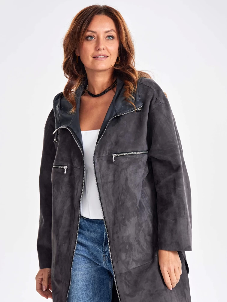 Замшевое женское пальто оверсайз с капюшоном на молнии премиум класса 3058з, темно-серое, размер 50, артикул 25690-6