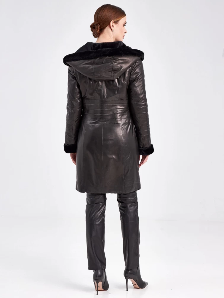 Кожаный плащ зимний женский 393мех, с капюшоном, черный, размер 46, артикул 92080-2