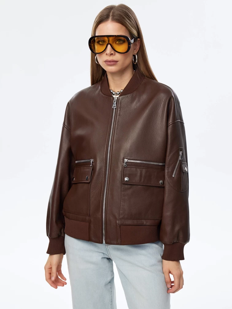 Короткая кожаная куртка бомбер для женщин премиум класса 3064, коричневая, размер 46, артикул 24030-4
