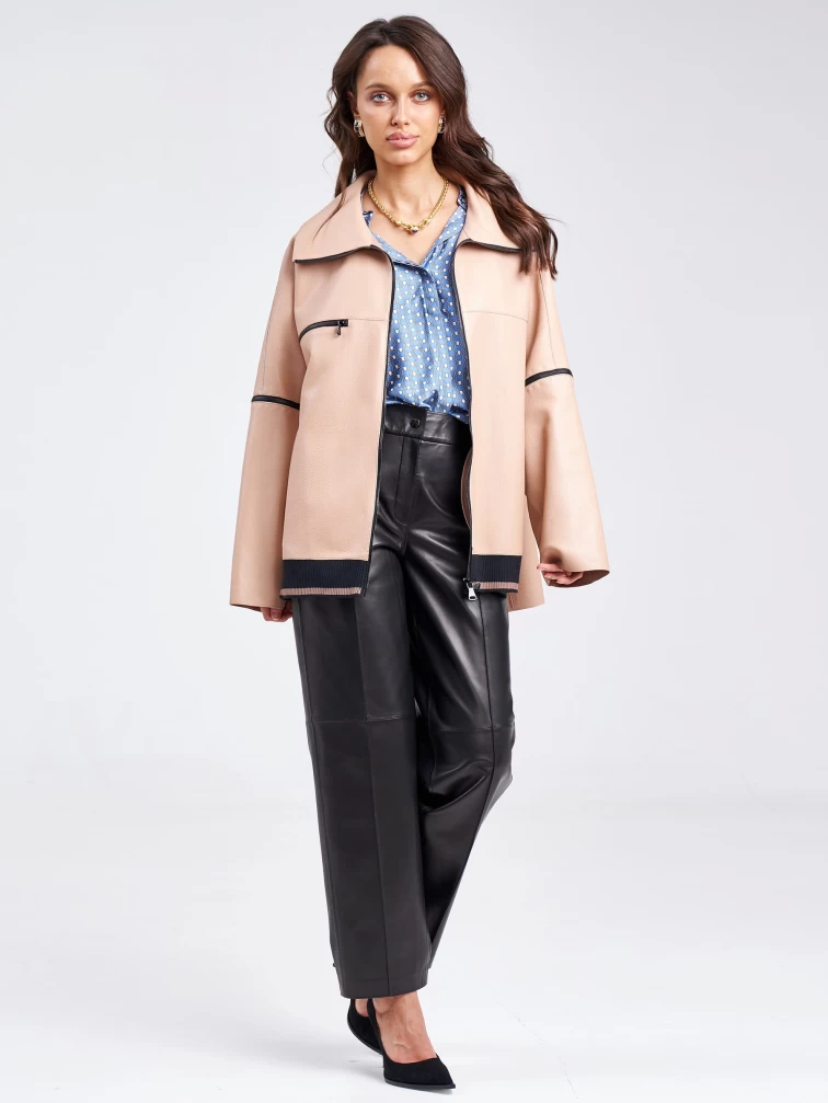 Кожаная женская куртка оверсайз на резинке премиум класса 3031, пудровая, размер 52, артикул 23200-3