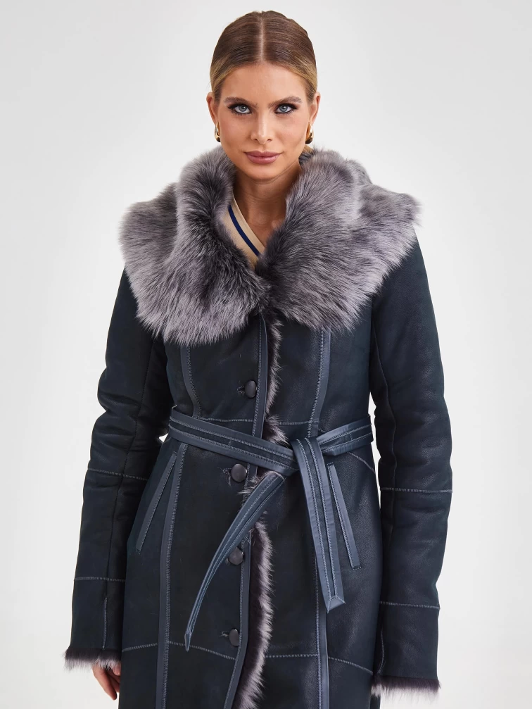 Женское пальто из натуральной овчины с капюшоном 132, синее, размер 44, артикул 64090-6