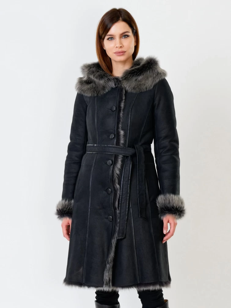 Длинная женская дубленка из тосканы с капюшоном 123нк, черная, размер 52, артикул 61871-0