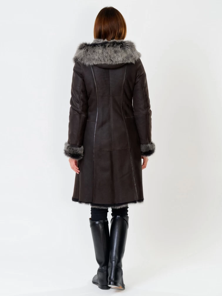 Длинная женская дубленка из тосканы с капюшоном 123нк, коричневая, размер 56, артикул 61901-4