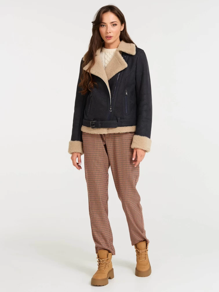 Короткая женская дубленка косуха из керли 201, синяя, размер 44, артикул 61272-3