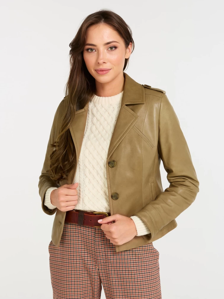 Короткая женская кожаная куртка пиджак 304, серо-коричневая, размер 46, артикул 90560-4