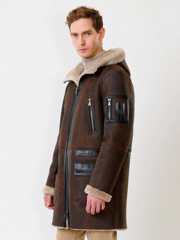 Длинная мужская дубленка с капюшоном премиум класса 429, коричневая, размер 48, артикул 70651-6