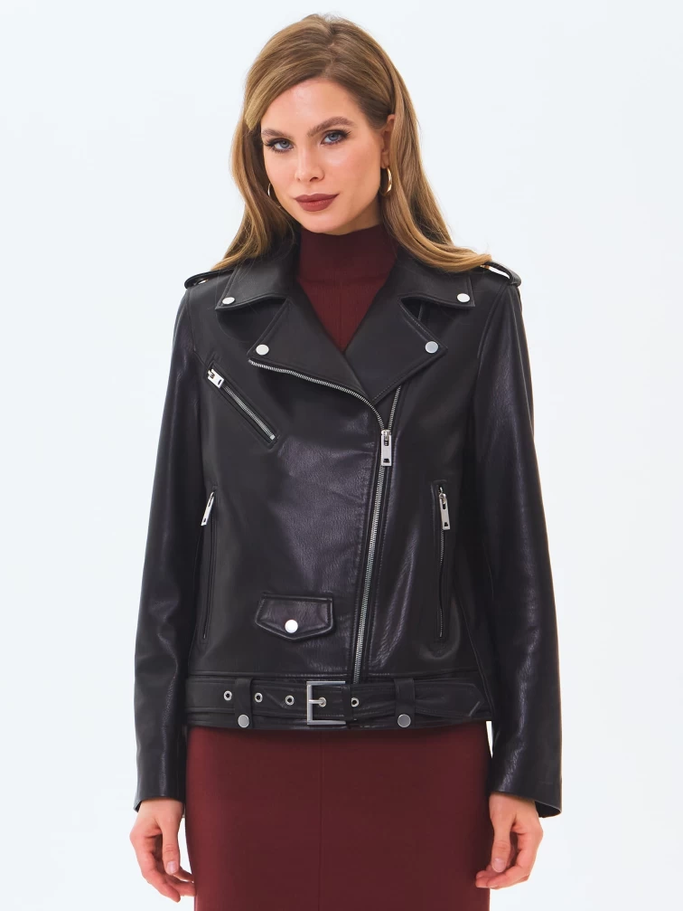 Кожаная женская куртка косуха с поясом премиум класса 3078, черная, размер 44, артикул 24510-3