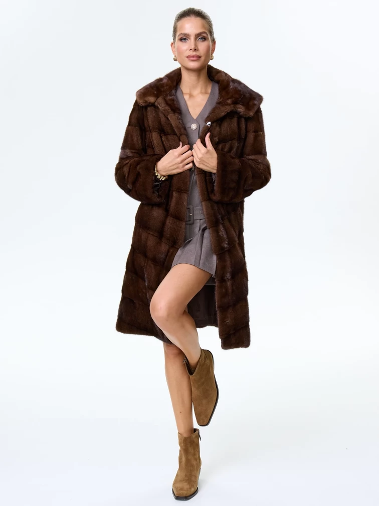 Полупальто с капюшоном из меха норки для женщин Галя(к), коричневое, размер 50, артикул 34090-1