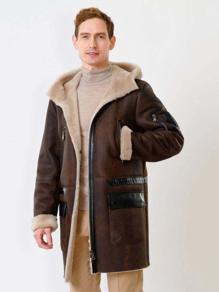 Длинная мужская дубленка с капюшоном премиум класса 429, коричневая, размер 48, артикул 70651-0