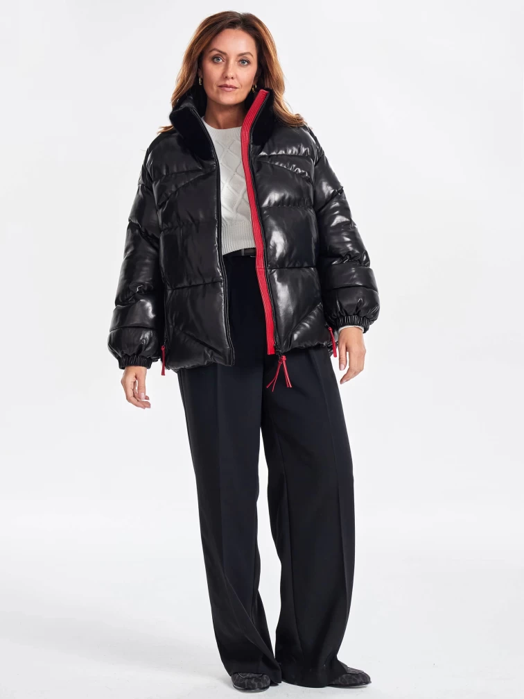 Женский стеганый кожаный пуховик с норковым воротником премиум класса 3072, черный, размер 44, артикул 25530-2