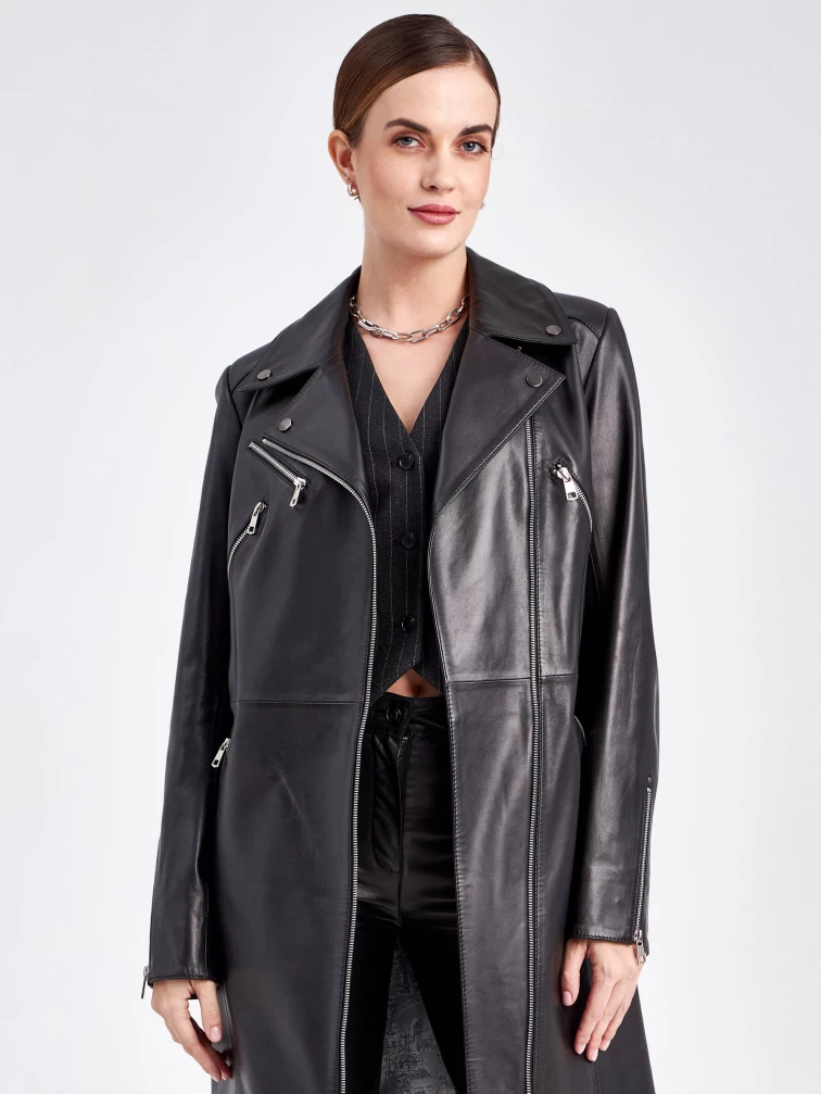 Кожаный женский плащ косуха с поясом 3017, черный, размер 48, артикул 91760-3