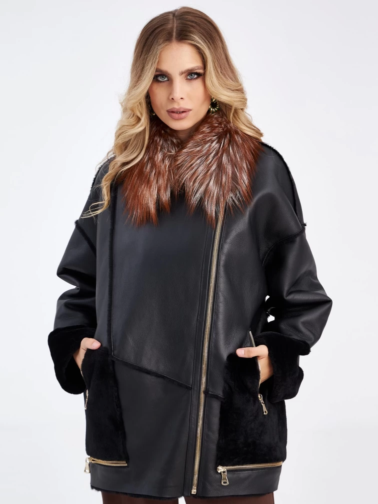 Короткая женская дубленка оверсайз с воротником лисицы премиум класса 2042, черная, размер 46, артикул 63160-3