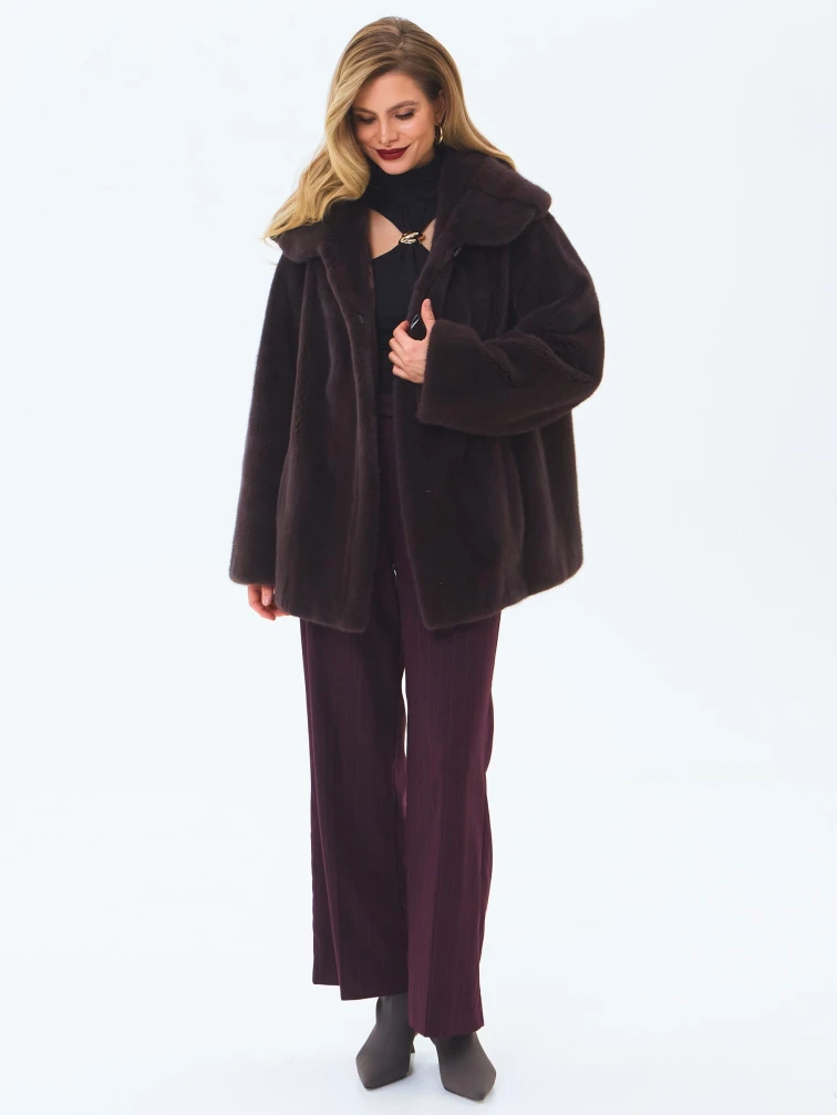 Женская норковая шуба с капюшоном премиум класса Жанета(к), коричневая, размер 58, артикул 34230-5