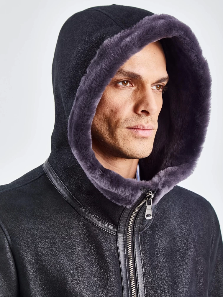 Длинная мужская дубленка с капюшоном премиум класса 429, черная, размер 48, артикул 71461-2