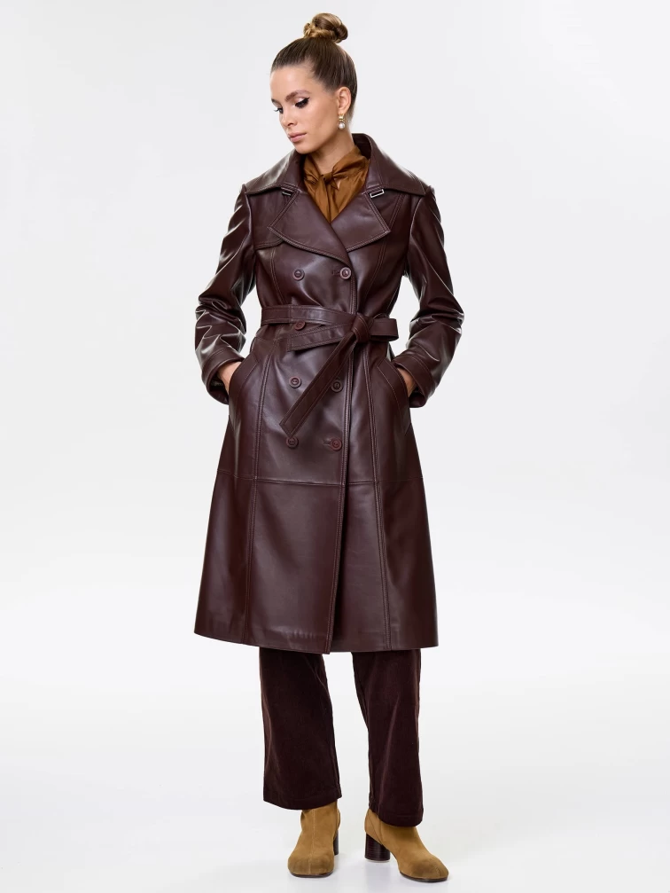 Кожаный двубортный женский плащ с поясом 3003, ореховый, размер 48, артикул 15650-6