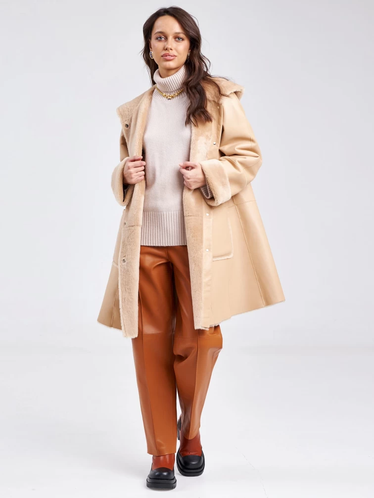 Женское классическое пальто с капюшоном из натуральной овчины премиум класса 2004, бежевое, размер 54, артикул 63810-0