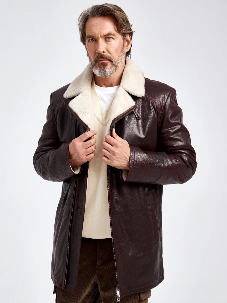 Зимняя мужская кожаная куртка на подкладке из овчины 5449, коричневая, размер 46, артикул 40620-0